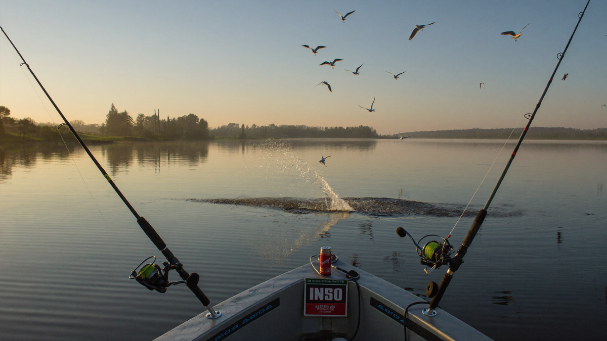 Striped bass fishing at sunrise with birds working bait on the Santee Cooper lakes