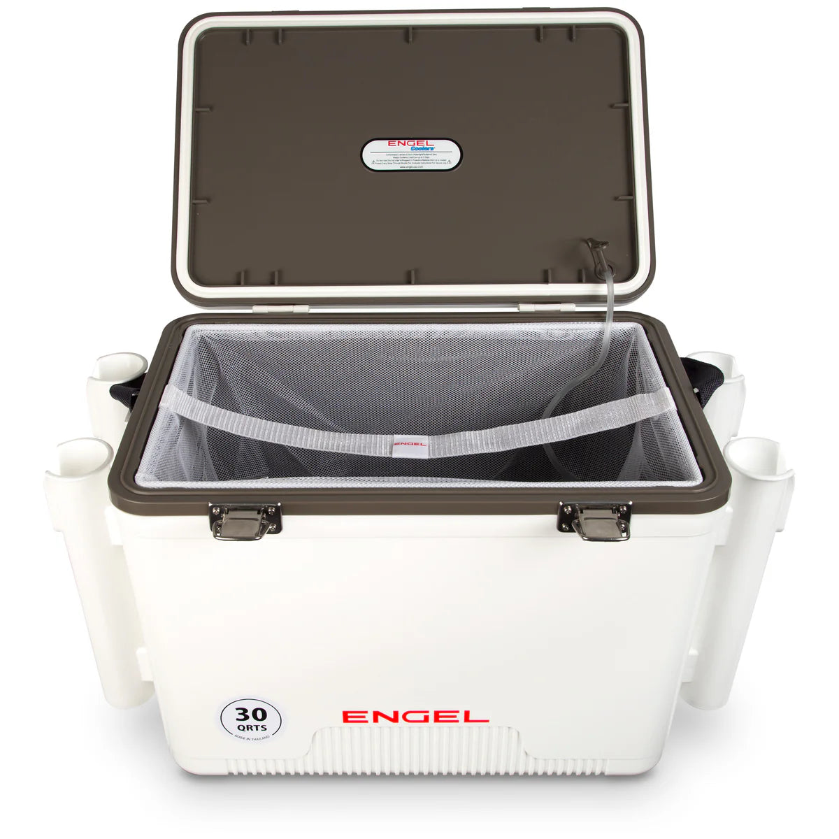 Engel 30 Qt. Combo 30 Qt. Live Bait Cooler with Net and Four Rod Holders- White