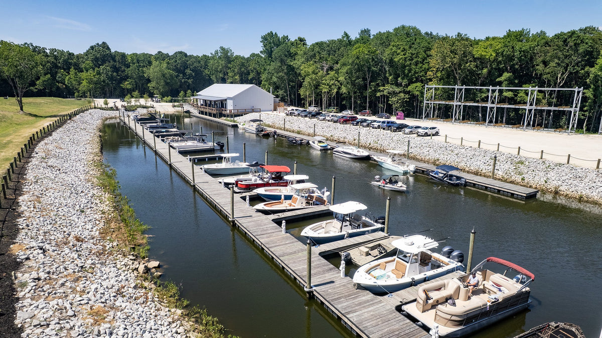 Aerial view of the Hidden Cove Marina channel and slips