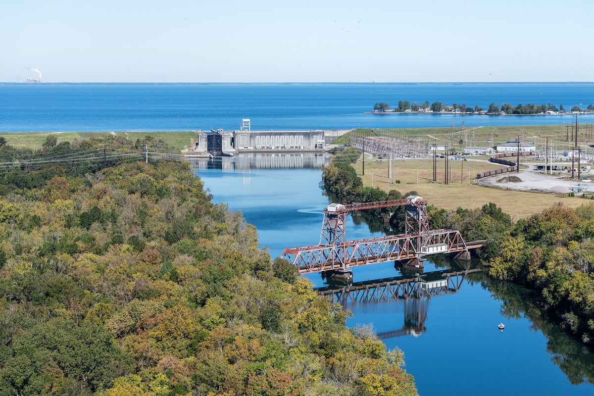 Aerial view of the Pinopolis Lock and Lake Moultrie