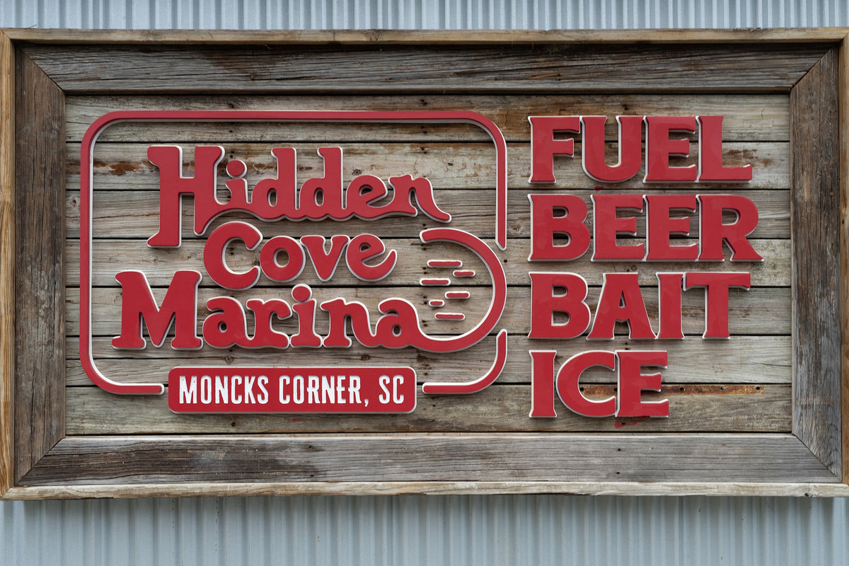 Hidden Cove Marina Fuel Beer Bait Ice sign in Moncks Corner SC