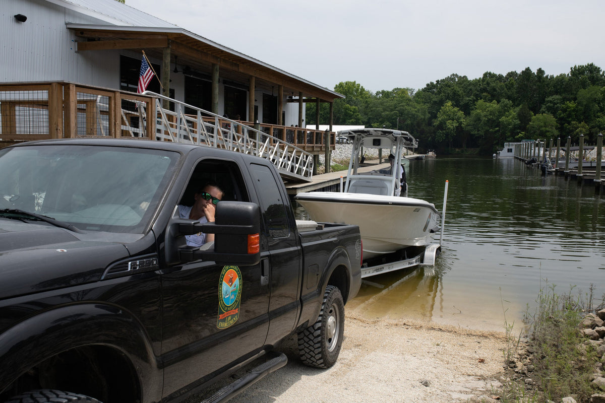 Truck launching a boat at the Hidden Cove Marina boat landing