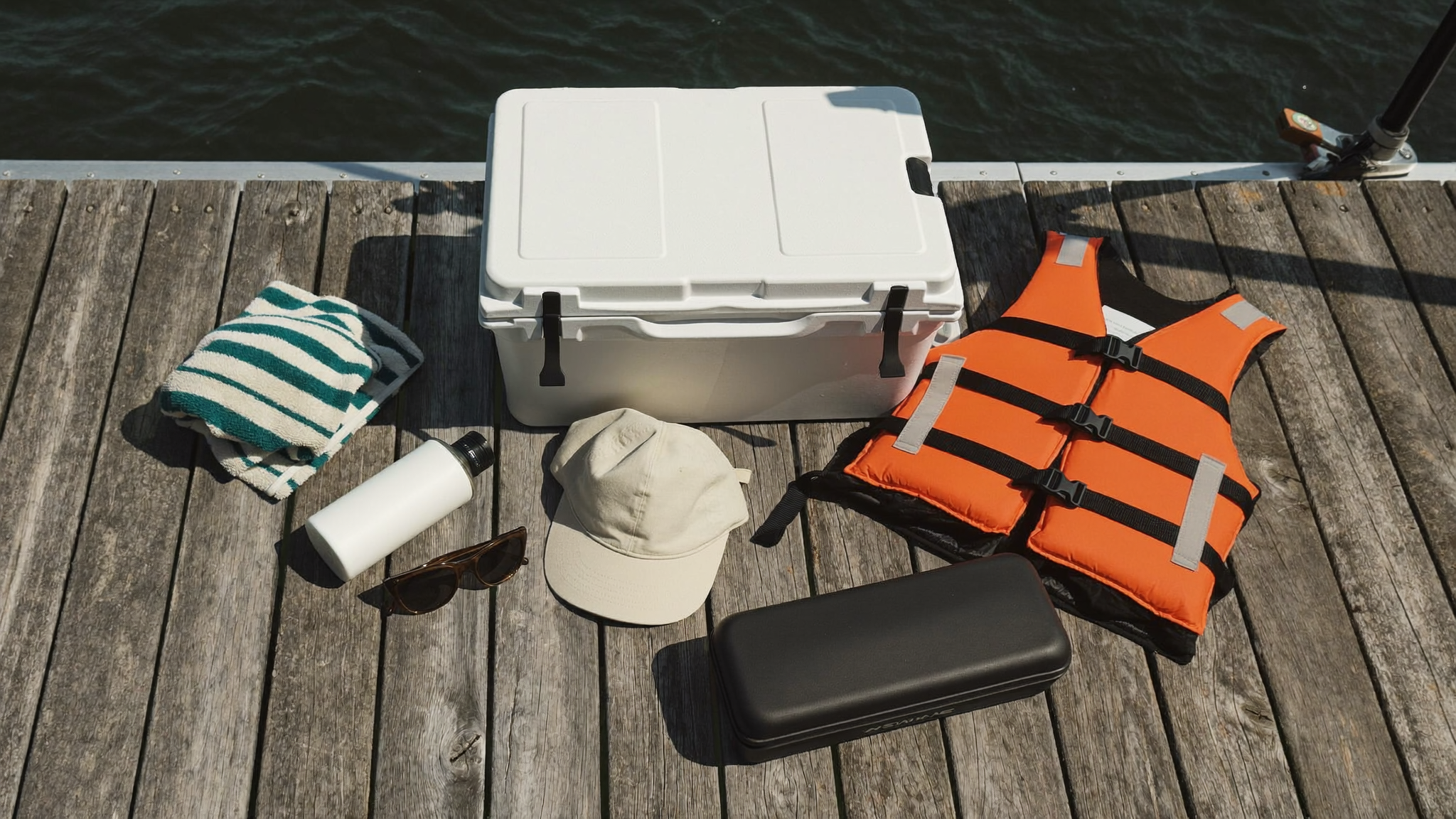 Boating day gear laid out on a wooden dock including cooler, life jacket and sun protection