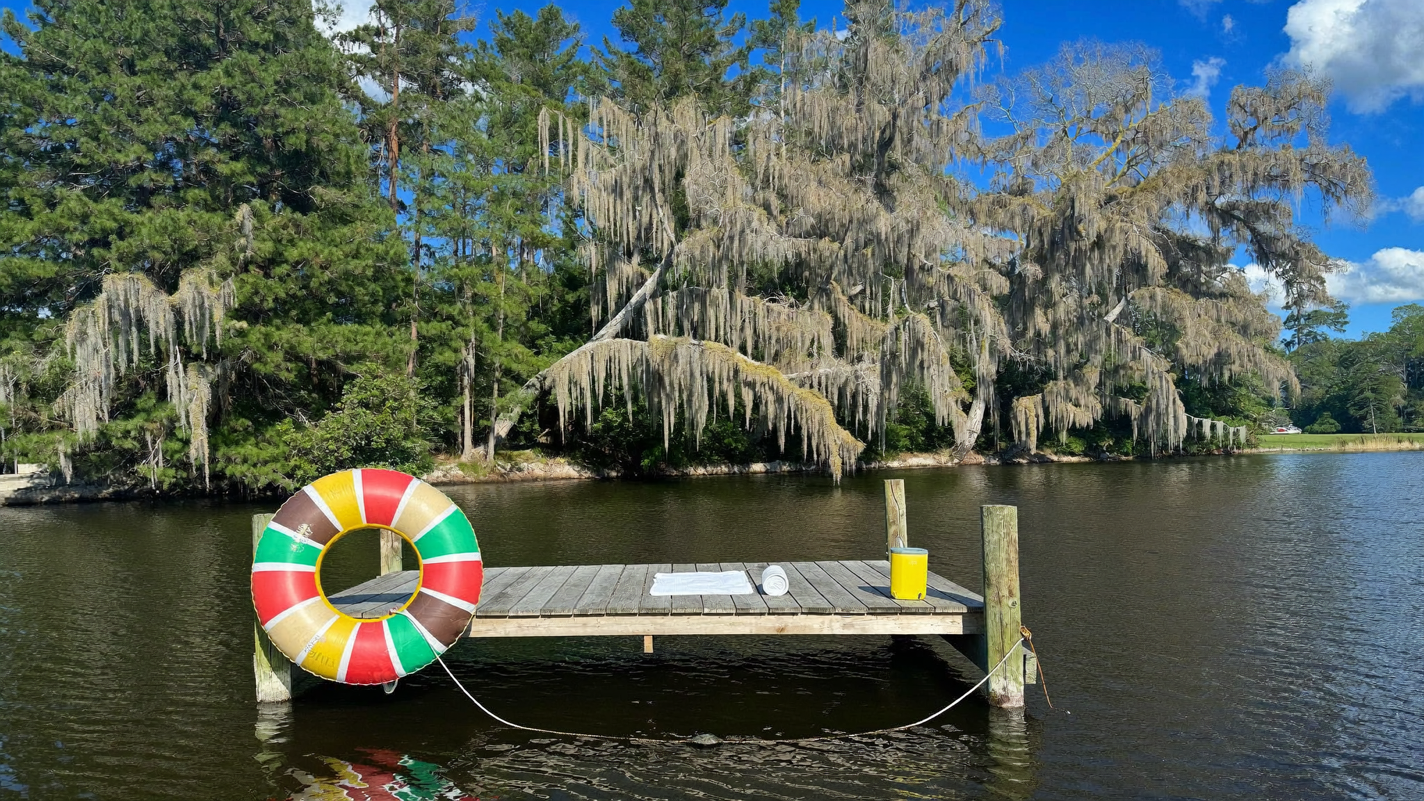 Dock on Lake Moultrie in summer with an inflatable float, towel and cooler under Spanish moss