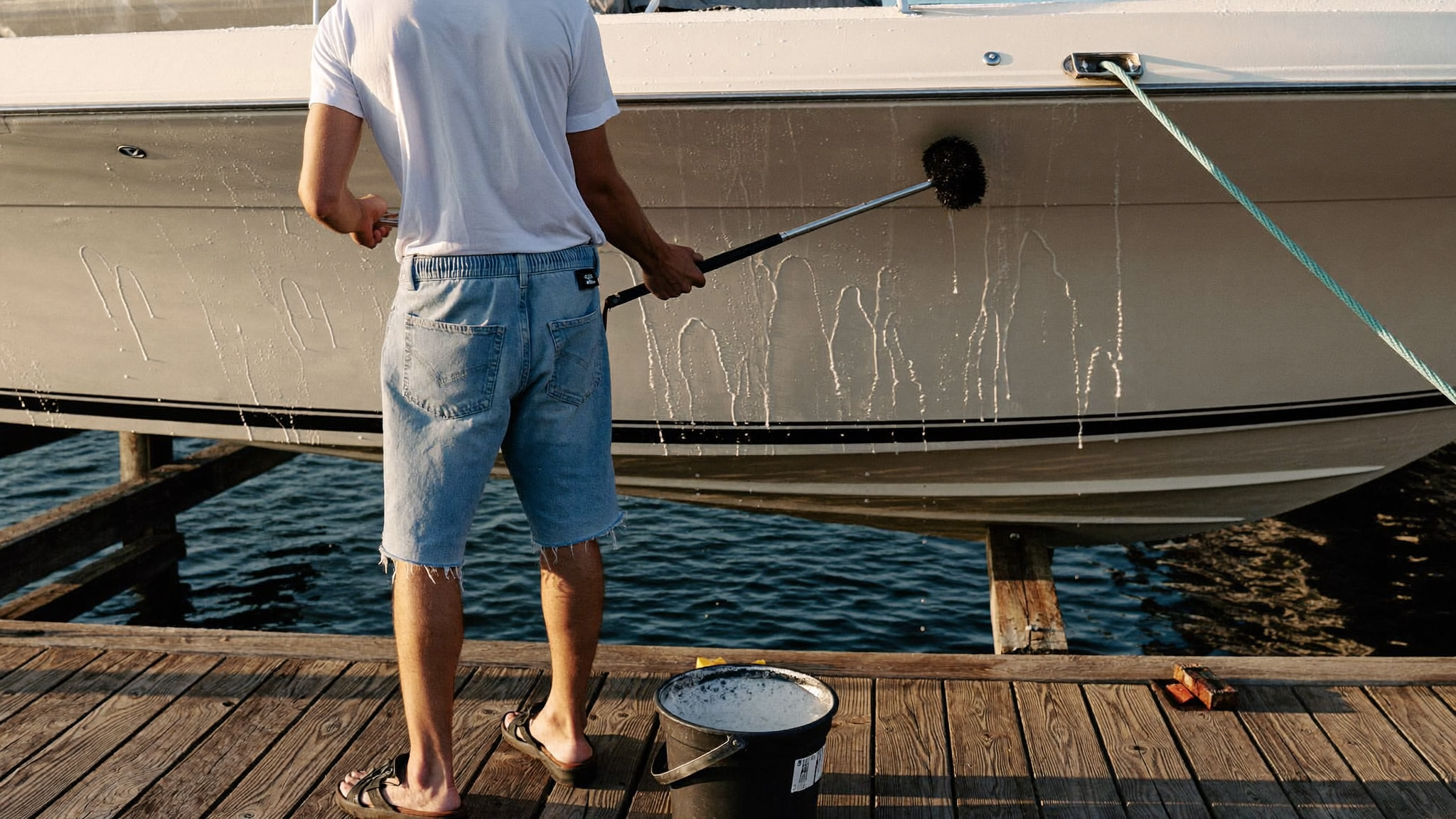 Boater washing a hull at a marina dock at the end of summer
