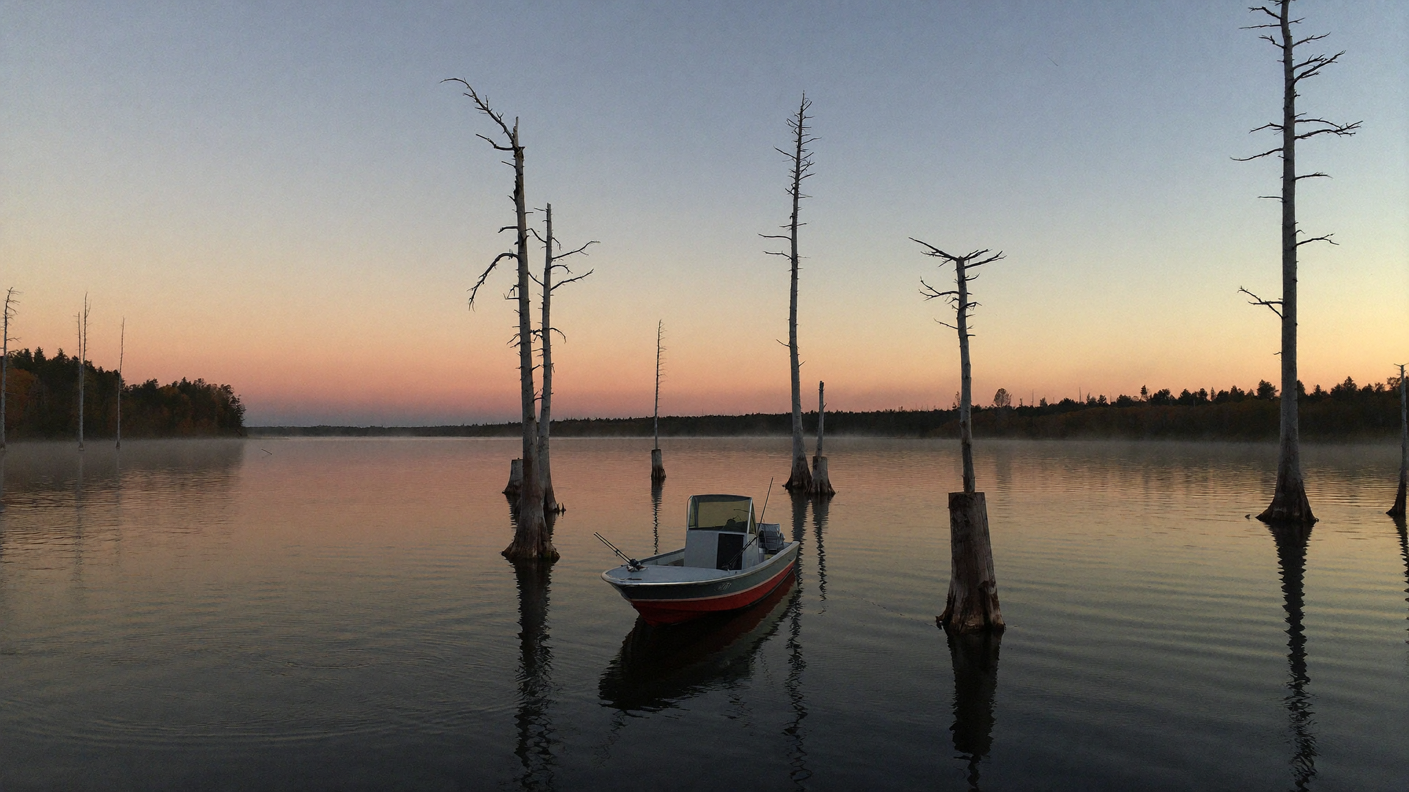 Fishing boat among cypress stumps at autumn sunrise on the Santee Cooper lakes